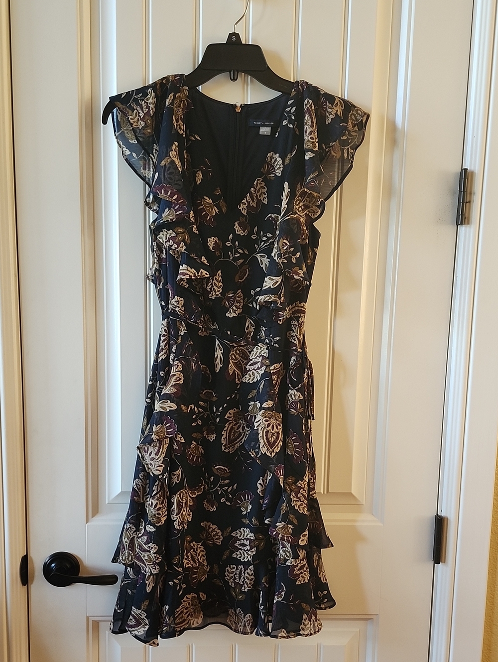 Dark Blue Floral Ruffle Dress